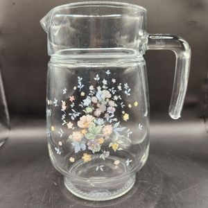 Vintage Arcoroc Glass Pitcher Dainty Pink/Blue Flowers France 48 Ounce